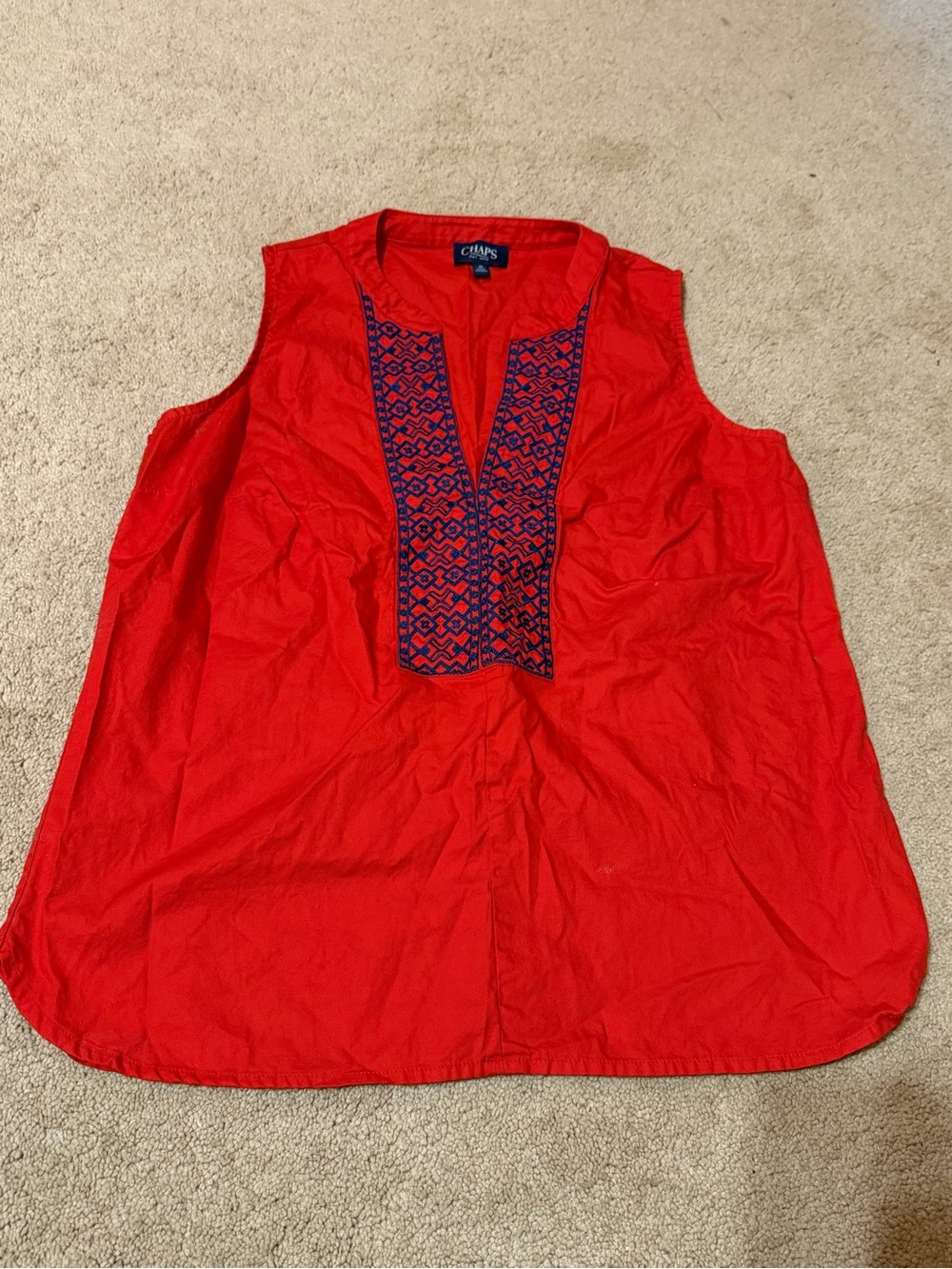 Chaps Red Sleeveless Tunic with Navy Embroidered Placket